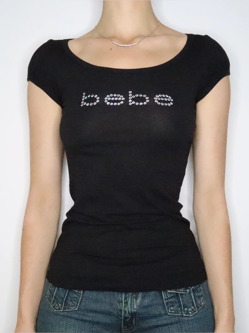 bebe Black Scoop Neck Top with Rhinestone Logo